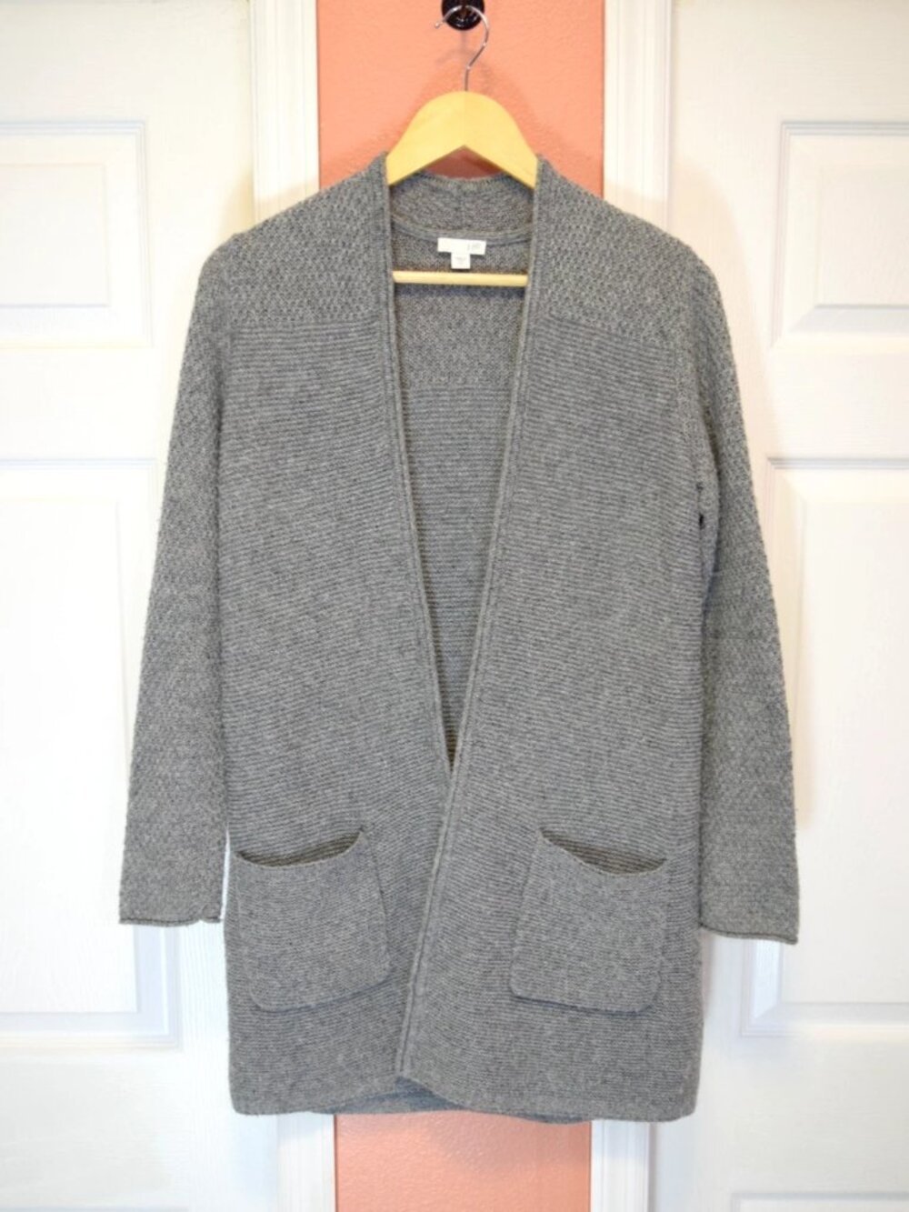 J. JILL WOOL GRAY OPEN FRONT POCKETS CARDIGAN SWEATER LONG DUSTER